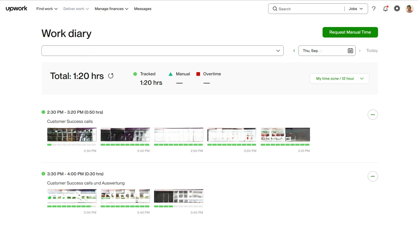 Upwork Work Diary mit zwei Arbeitsblöcken, Memos und Screenshots im 10-Minuten-Takt