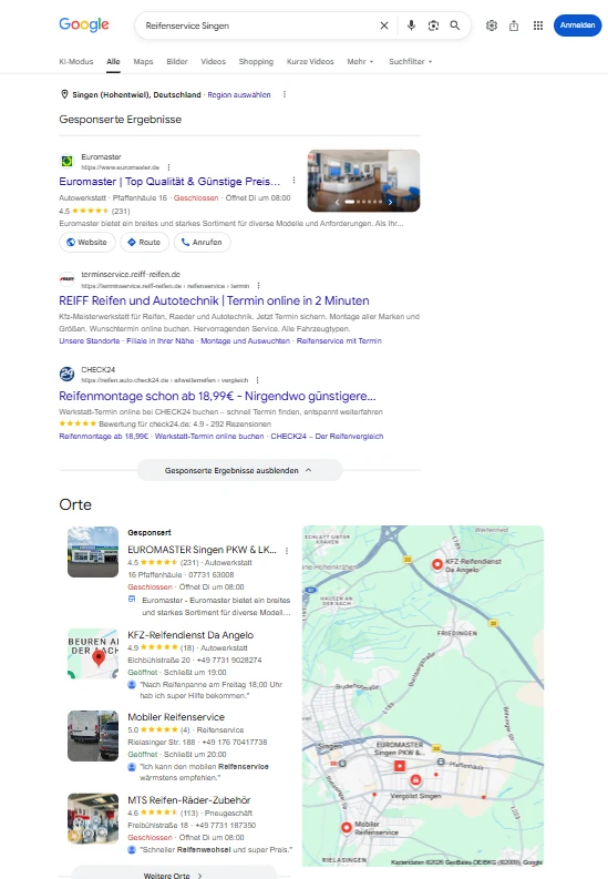 Google-Ergebnisseite für Reifenservice Singen, gesucht aus Schaffhausen
