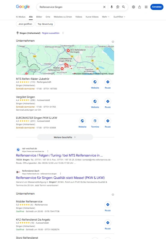 Google-Ergebnisseite für Reifenservice Singen, gesucht aus Singen