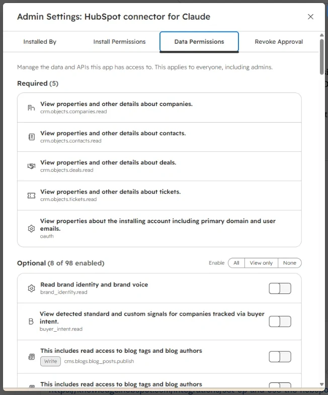 Admin Settings, Tab Data Permissions mit Pflicht- und optionalen Rechten