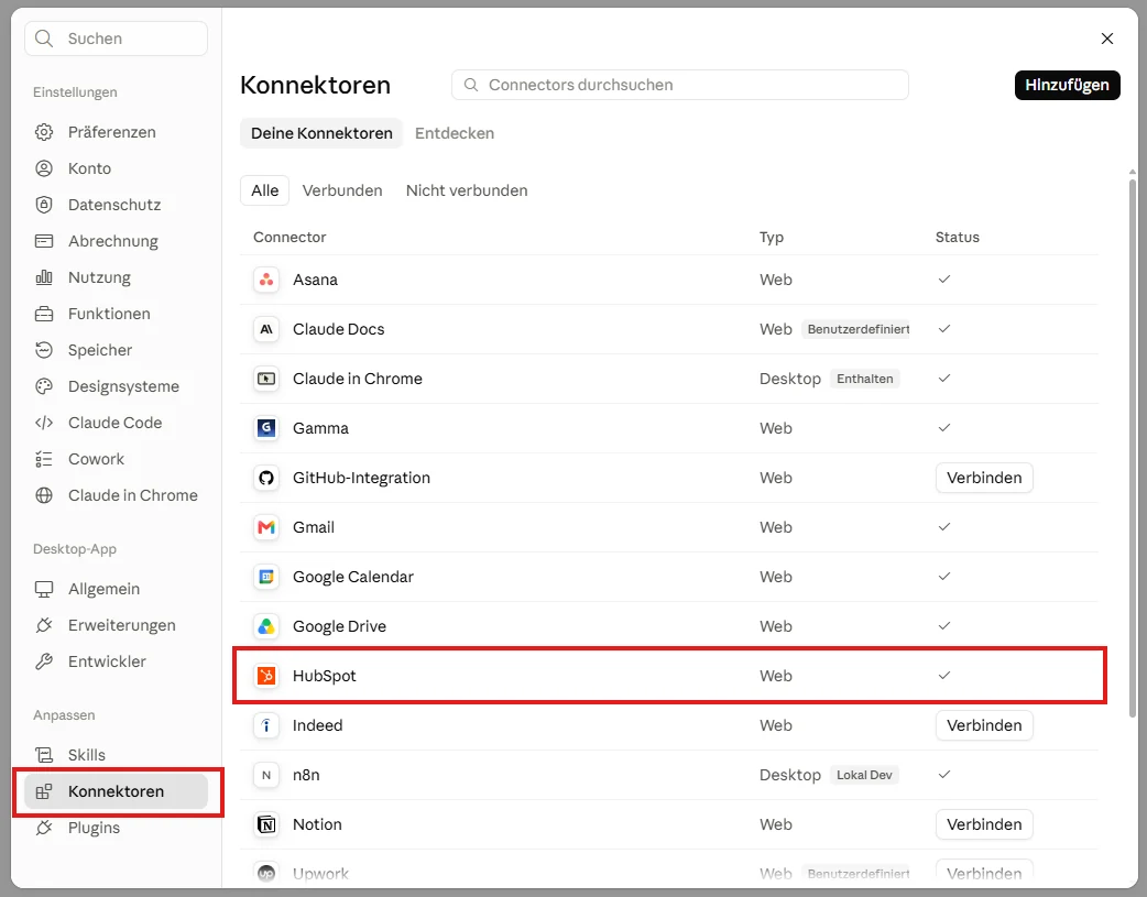 Konnektoren-Übersicht in den Claude-Einstellungen mit verbundenem HubSpot