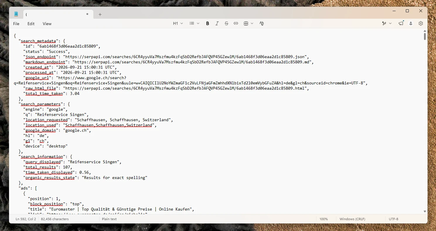 Das kopierte JSON in einer Textdatei mit über 82'000 Zeichen
