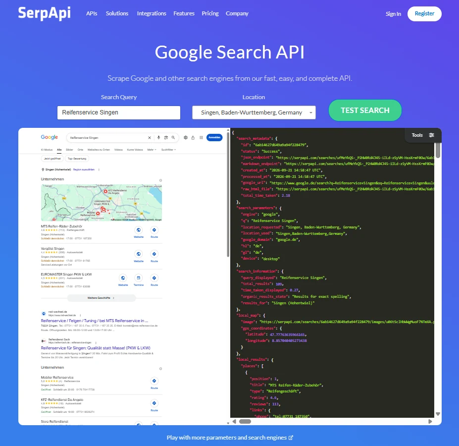 SerpApi-Testsuche mit Standort Singen: links die Google-Ansicht, rechts das JSON