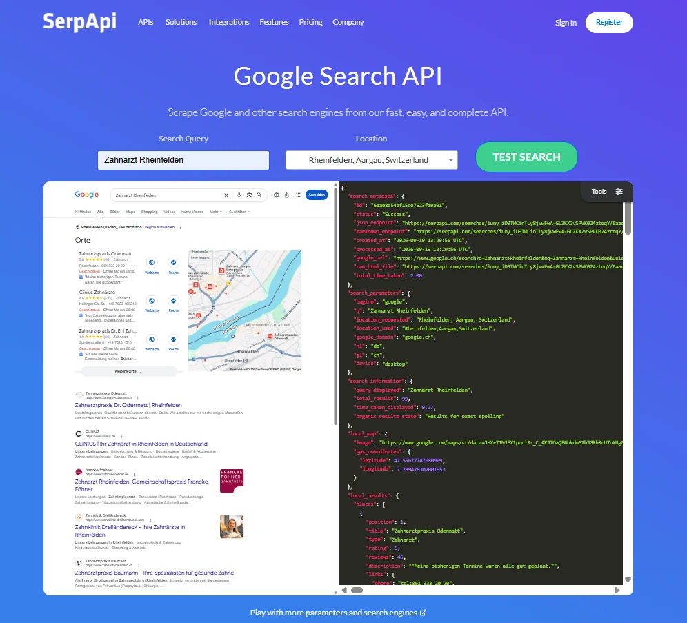 SerpApi: dieselbe Suche aus DE und CH